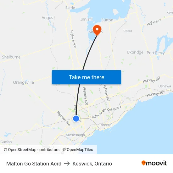 Malton Go Station Acrd to Keswick, Ontario map