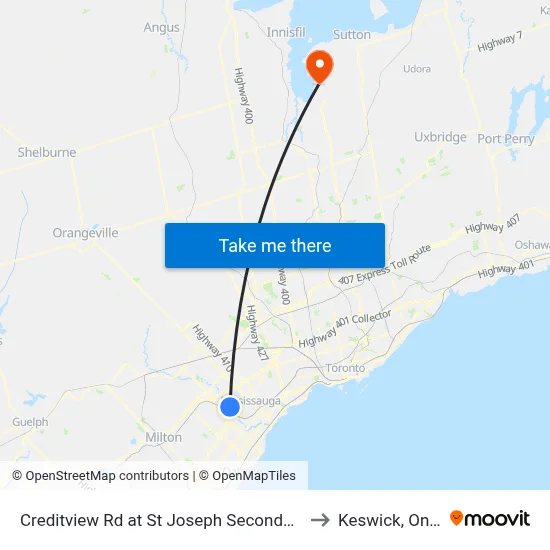 Creditview Rd at St Joseph Secondary School to Keswick, Ontario map