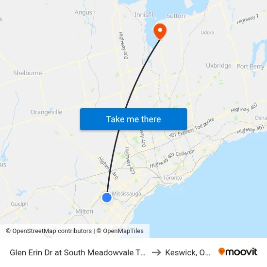 Glen Erin Dr at South Meadowvale Town Ctr Cir to Keswick, Ontario map