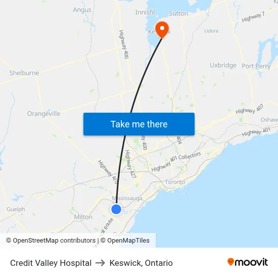 Credit Valley Hospital to Keswick, Ontario map
