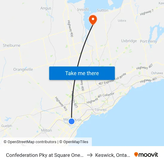 Confederation Pky at Square One Dr to Keswick, Ontario map