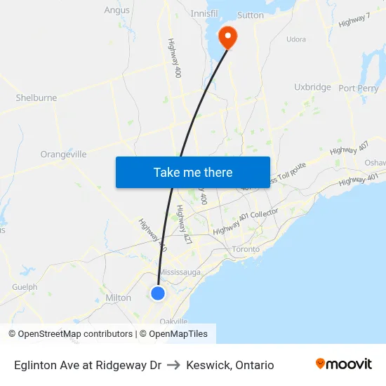 Eglinton Ave at Ridgeway Dr to Keswick, Ontario map