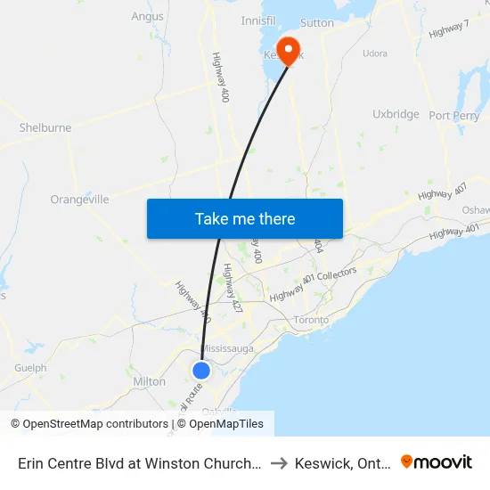 Erin Centre Blvd at Winston Churchill Blvd to Keswick, Ontario map