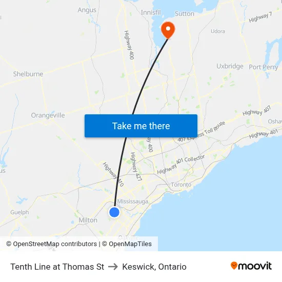 Tenth Line at Thomas St to Keswick, Ontario map