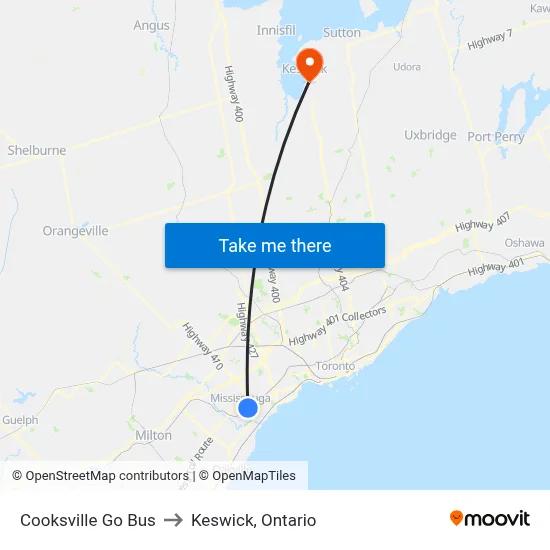 Cooksville Go Bus to Keswick, Ontario map