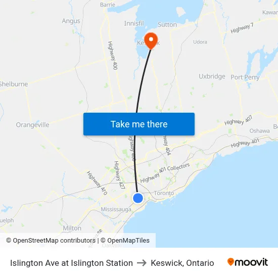 Islington Ave at Islington Station to Keswick, Ontario map