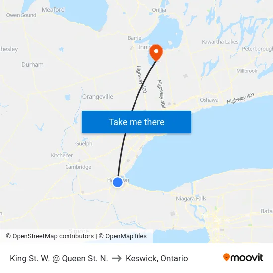 King St. W. @ Queen St. N. to Keswick, Ontario map