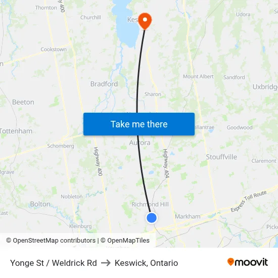 Yonge St / Weldrick Rd to Keswick, Ontario map
