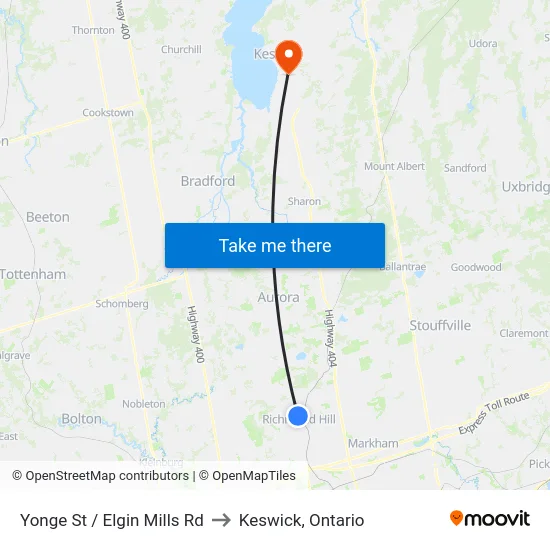 Yonge St / Elgin Mills Rd to Keswick, Ontario map