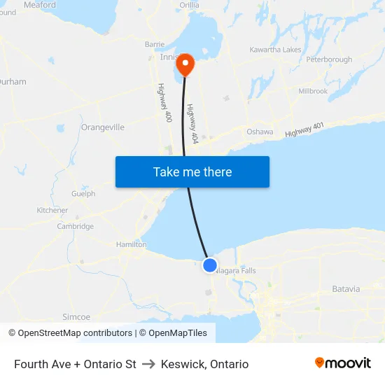 Fourth Ave + Ontario St to Keswick, Ontario map