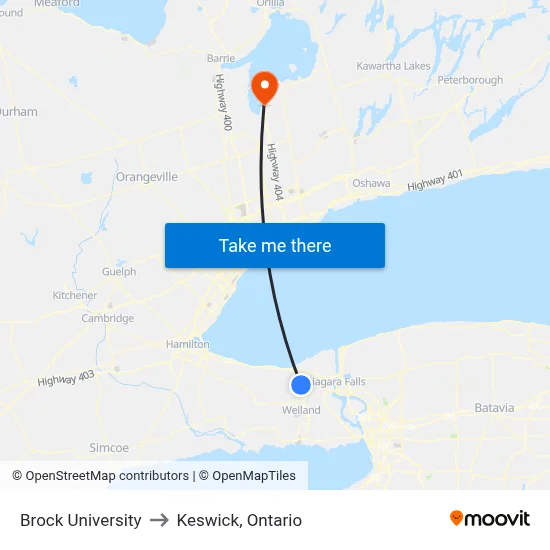 Brock University to Keswick, Ontario map