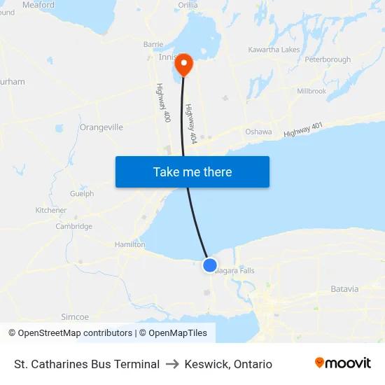 St. Catharines Bus Terminal to Keswick, Ontario map