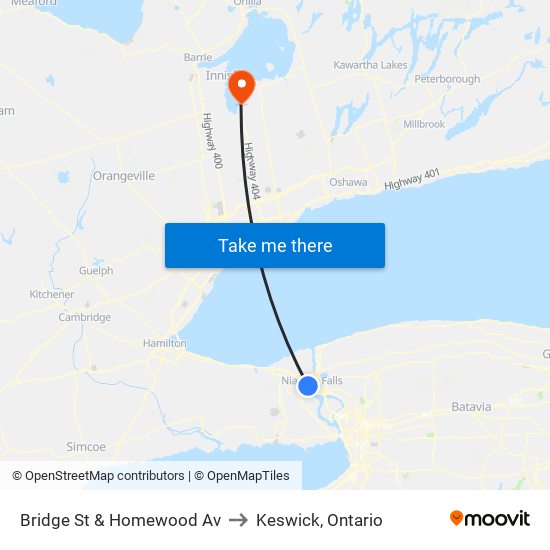 Bridge St & Homewood Av to Keswick, Ontario map