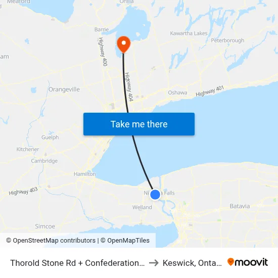 Thorold Stone Rd + Confederation Av to Keswick, Ontario map