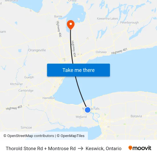 Thorold Stone Rd + Montrose Rd to Keswick, Ontario map