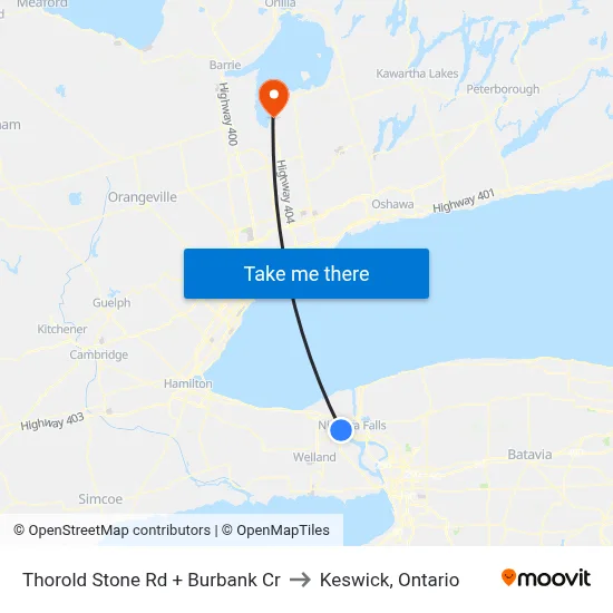 Thorold Stone Rd + Burbank Cr to Keswick, Ontario map