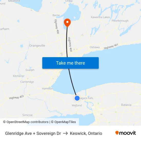 Glenridge Ave + Sovereign Dr to Keswick, Ontario map