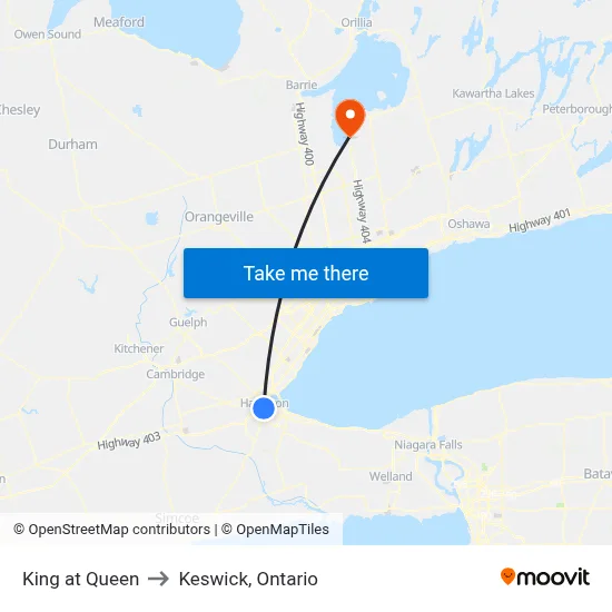 King at Queen to Keswick, Ontario map