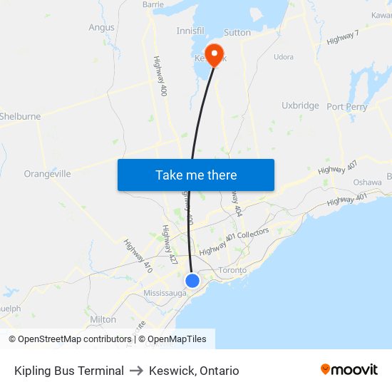 Kipling Bus Terminal to Keswick, Ontario map