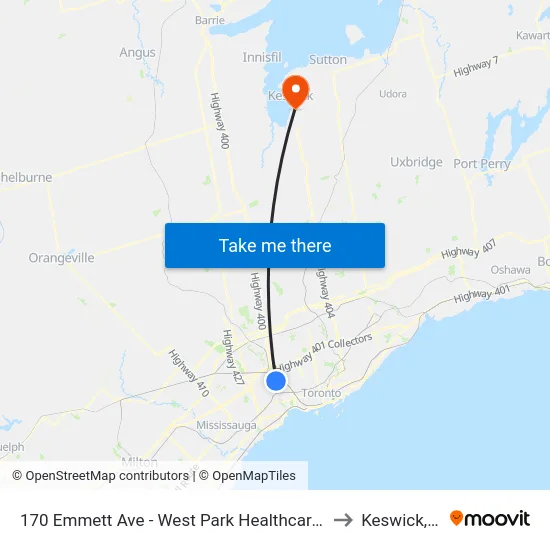 170 Emmett Ave - West Park Healthcare Centre - Main Entrance to Keswick, Ontario map