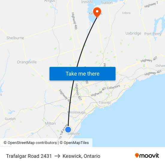 Trafalgar Road 2431 to Keswick, Ontario map