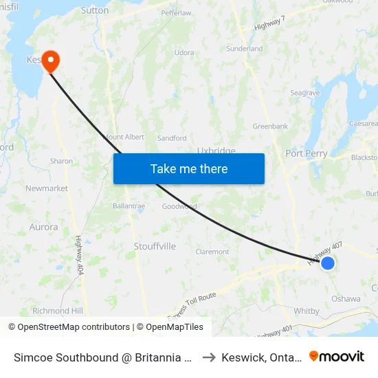 Simcoe Southbound @ Britannia Ave. to Keswick, Ontario map