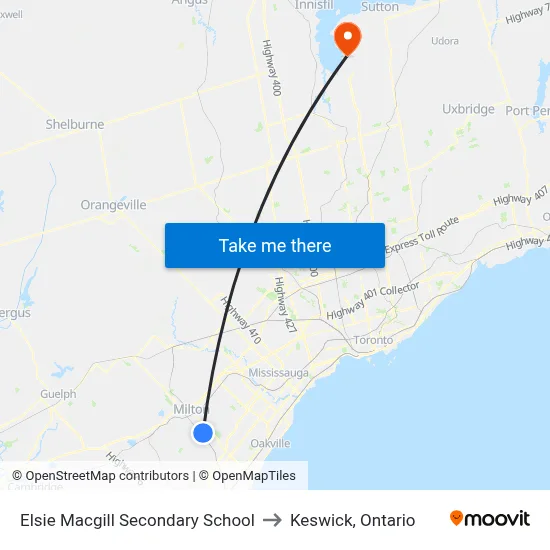 Elsie Macgill Secondary School to Keswick, Ontario map