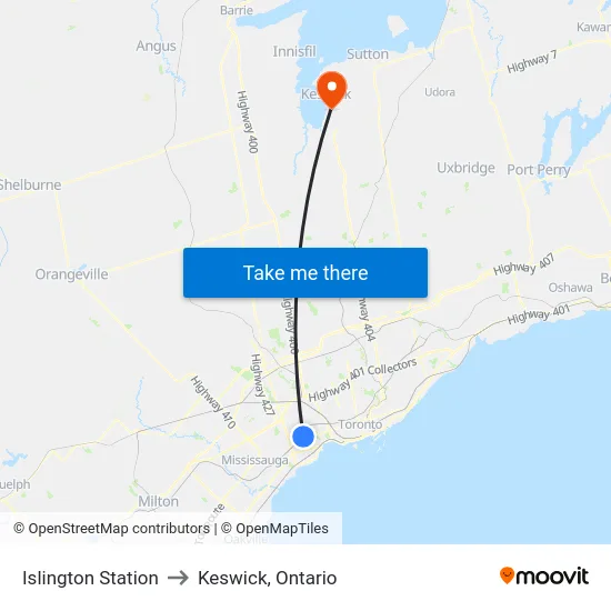 Islington Station to Keswick, Ontario map