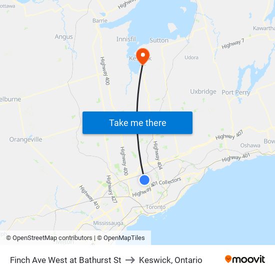 Finch Ave West at Bathurst St to Keswick, Ontario map