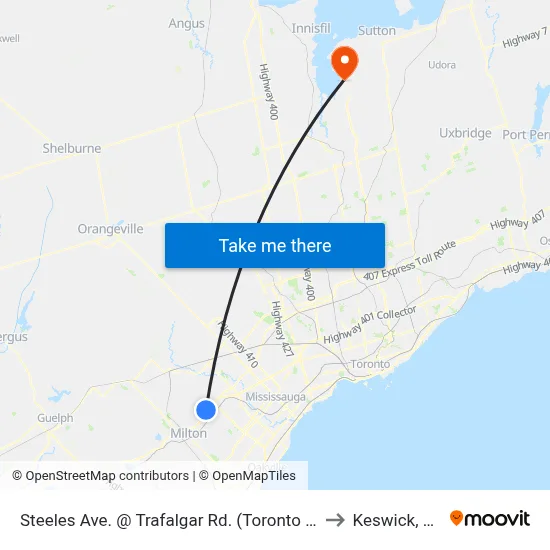 Steeles Ave. @ Trafalgar Rd. (Toronto Premium Outlets) to Keswick, Ontario map