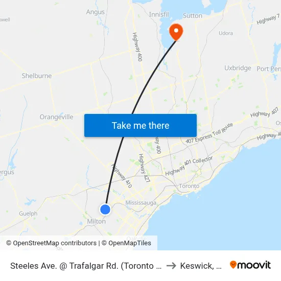 Steeles Ave. @ Trafalgar Rd. (Toronto Premium Outlets) to Keswick, Ontario map
