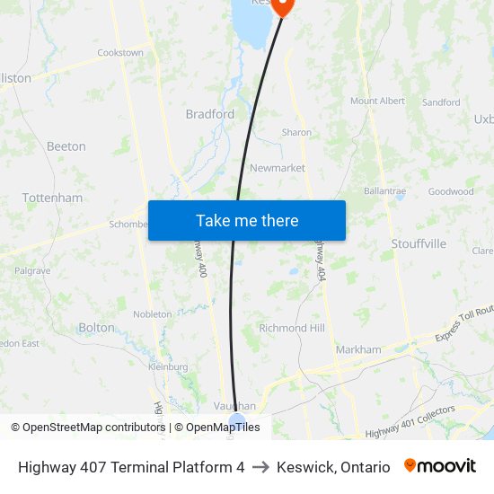 Highway 407 Terminal Platform 4 to Keswick, Ontario map