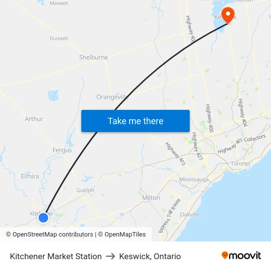 Kitchener Market Station to Keswick, Ontario map