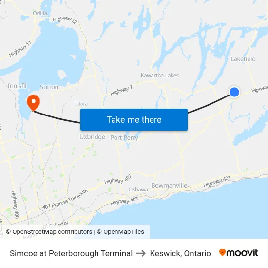Simcoe at Peterborough Terminal to Keswick, Ontario map