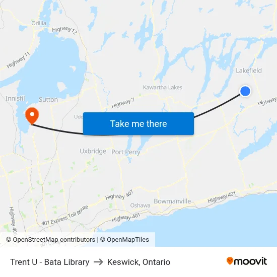 Trent U - Bata Library to Keswick, Ontario map