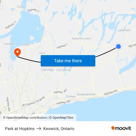 Park at Hopkins to Keswick, Ontario map
