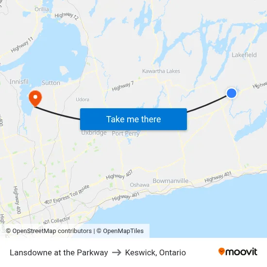 Lansdowne at the Parkway to Keswick, Ontario map