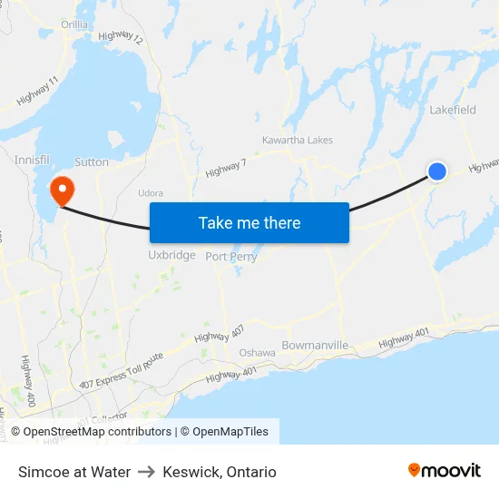 Simcoe at Water to Keswick, Ontario map