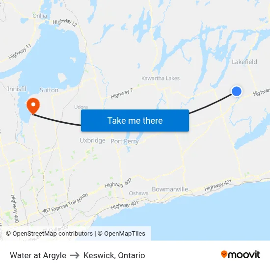 Water at Argyle to Keswick, Ontario map