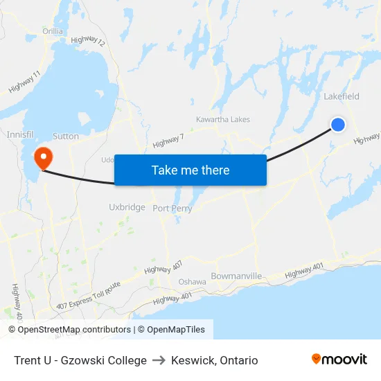 Trent U - Gzowski College to Keswick, Ontario map