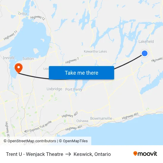 Trent U - Wenjack Theatre to Keswick, Ontario map