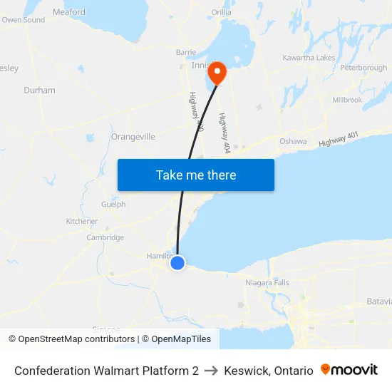 Confederation Walmart Platform 2 to Keswick, Ontario map