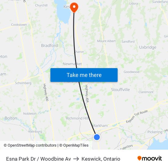 Esna Park Dr / Woodbine Av to Keswick, Ontario map