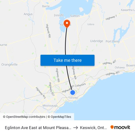 Eglinton Ave East at Mount Pleasant Rd to Keswick, Ontario map