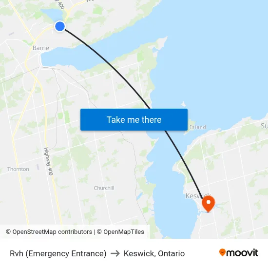 Rvh (Emergency Entrance) to Keswick, Ontario map