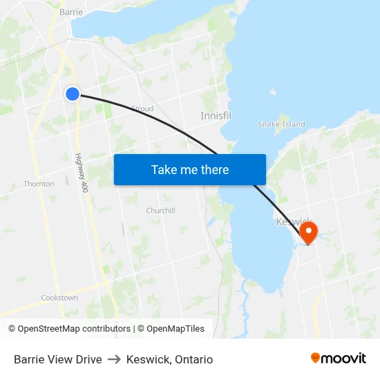 Barrie View Drive to Keswick, Ontario map