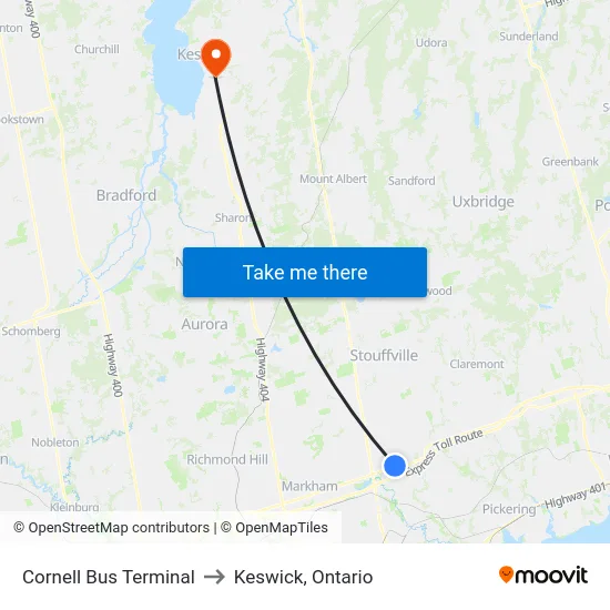 Cornell Bus Terminal to Keswick, Ontario map
