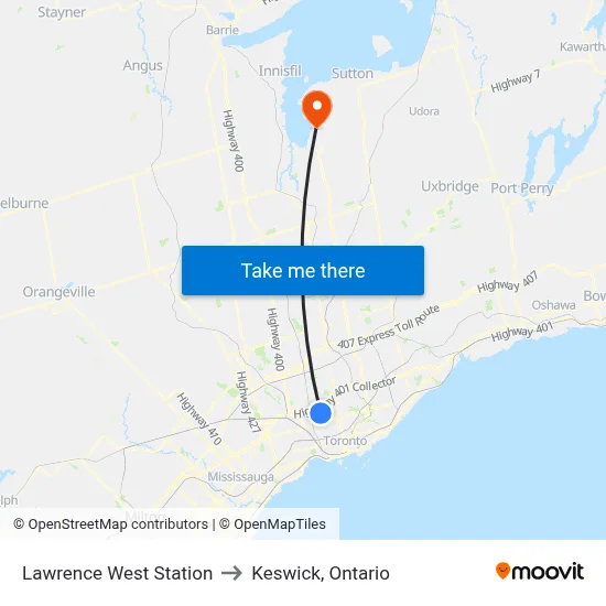 Lawrence West Station to Keswick, Ontario map