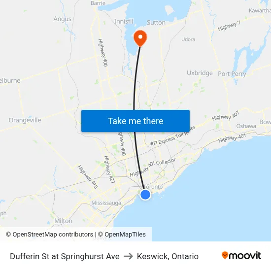 Dufferin St at Springhurst Ave to Keswick, Ontario map
