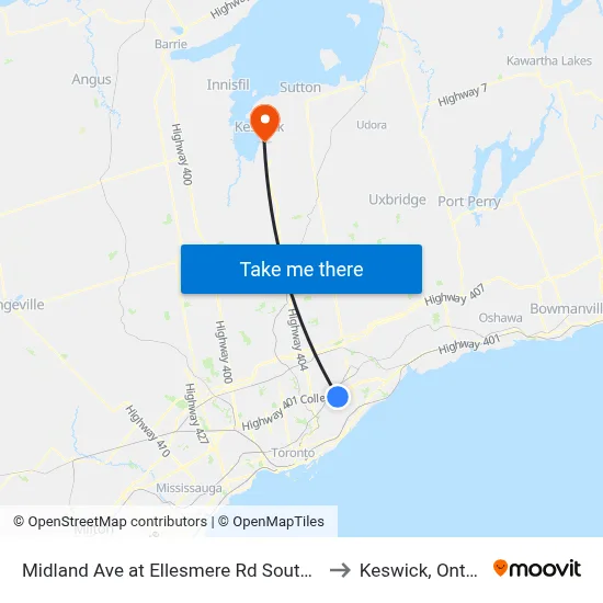 Midland Ave at Ellesmere Rd South Side to Keswick, Ontario map